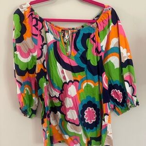 Trina Turk Colorful Floral Women's Top Blouse XL boutique flowers flowy pink